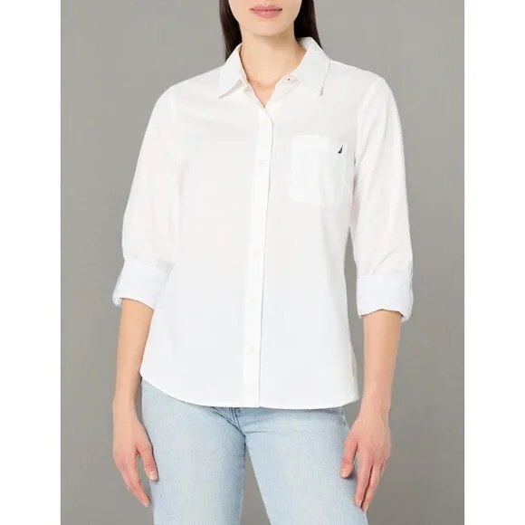Womens Button Front Long Sleeve Roll Tab Shirt
